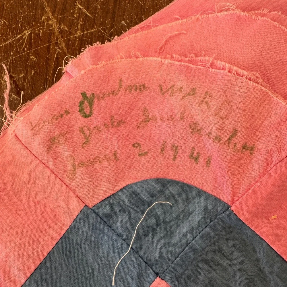 Vintage 1941 Dunkard's Path Pink Blue Handmade Quilt Top 72x80 farmhouse cottage